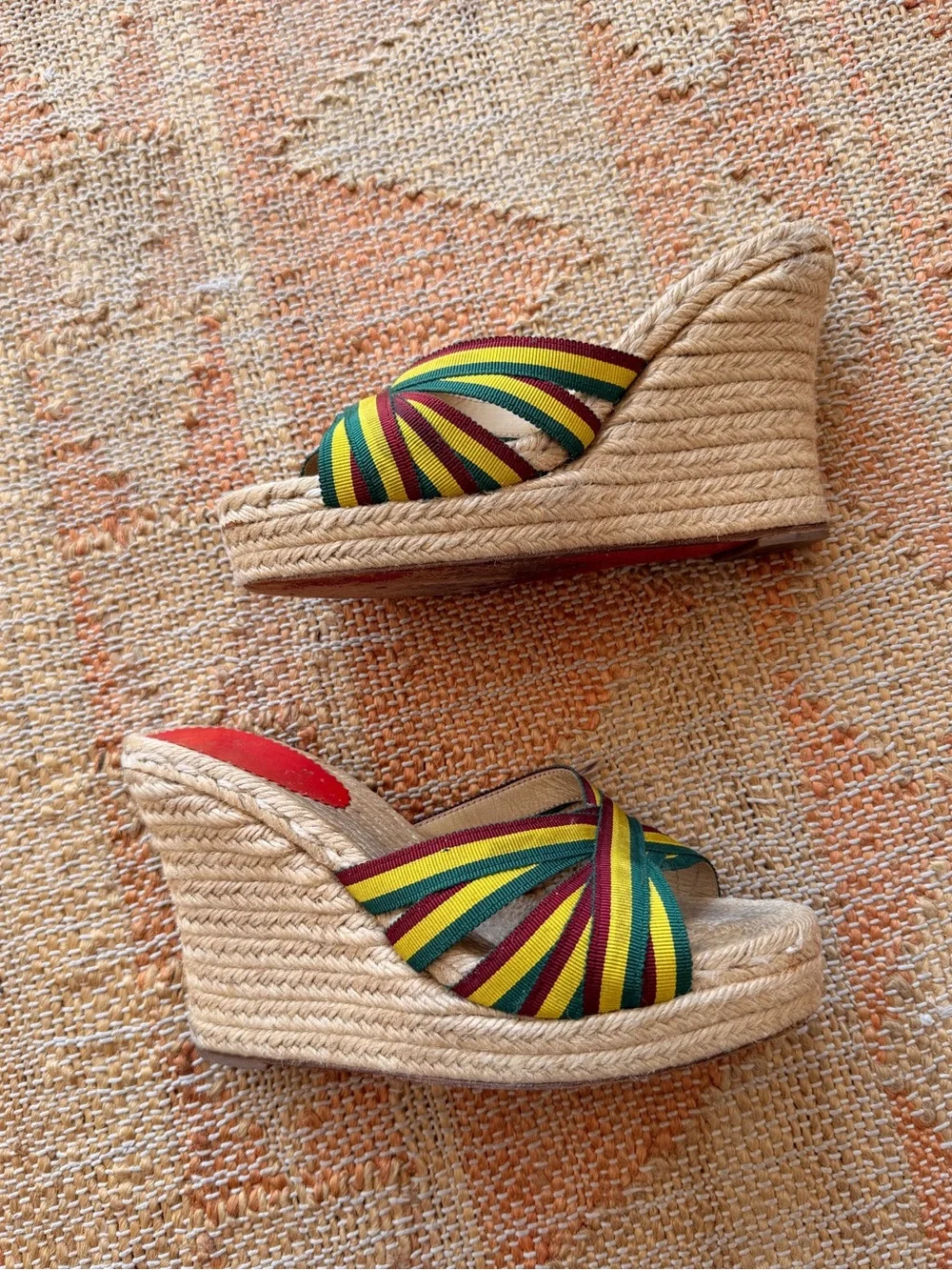 Y2K Vintage Christian Louboutin Rasta Jamaican Heel Sandal Espadrilles Size 38